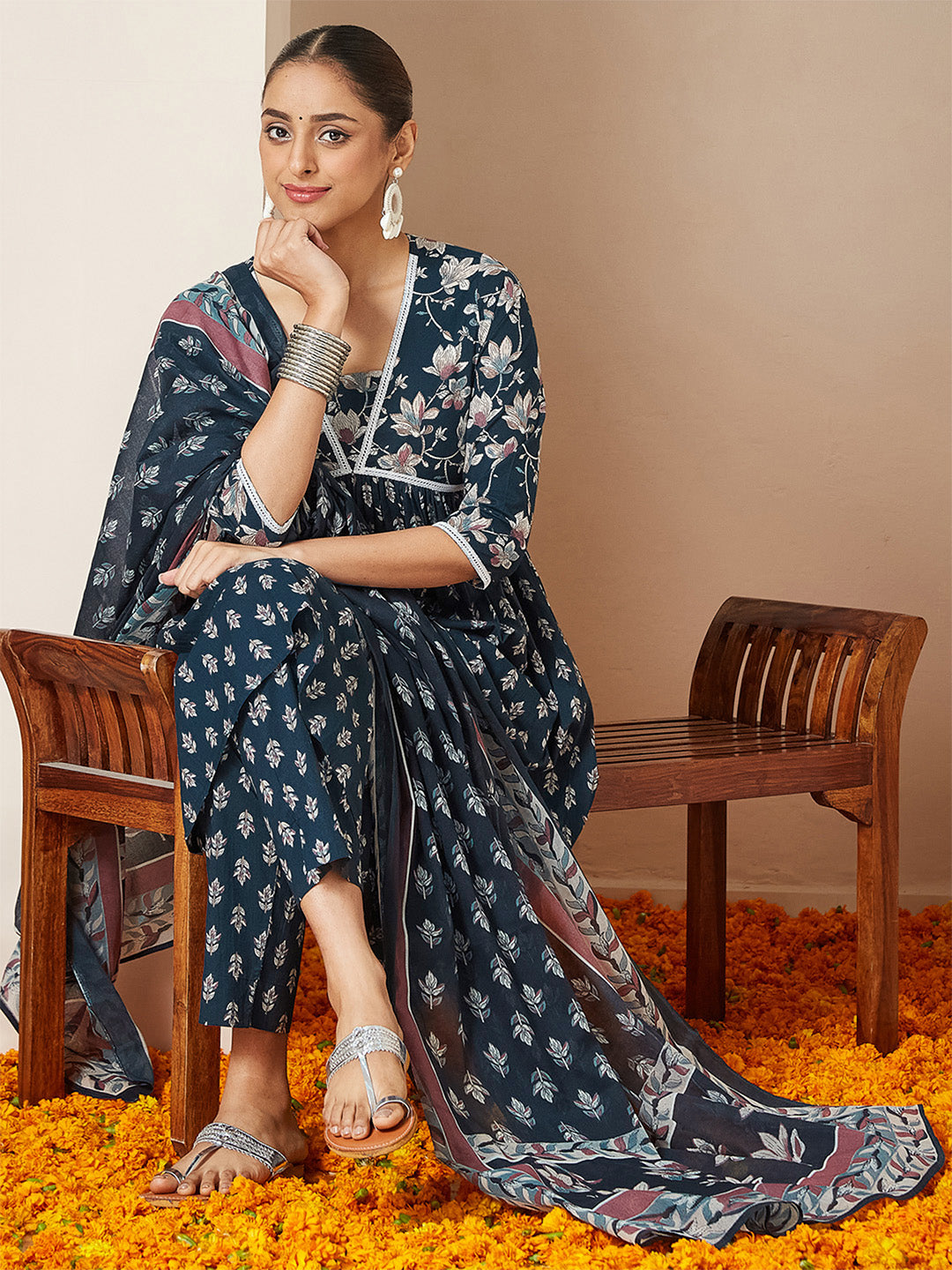 Ninnique Women's Teal Blue Pure Cotton Floral Printed A-line Kurta Set