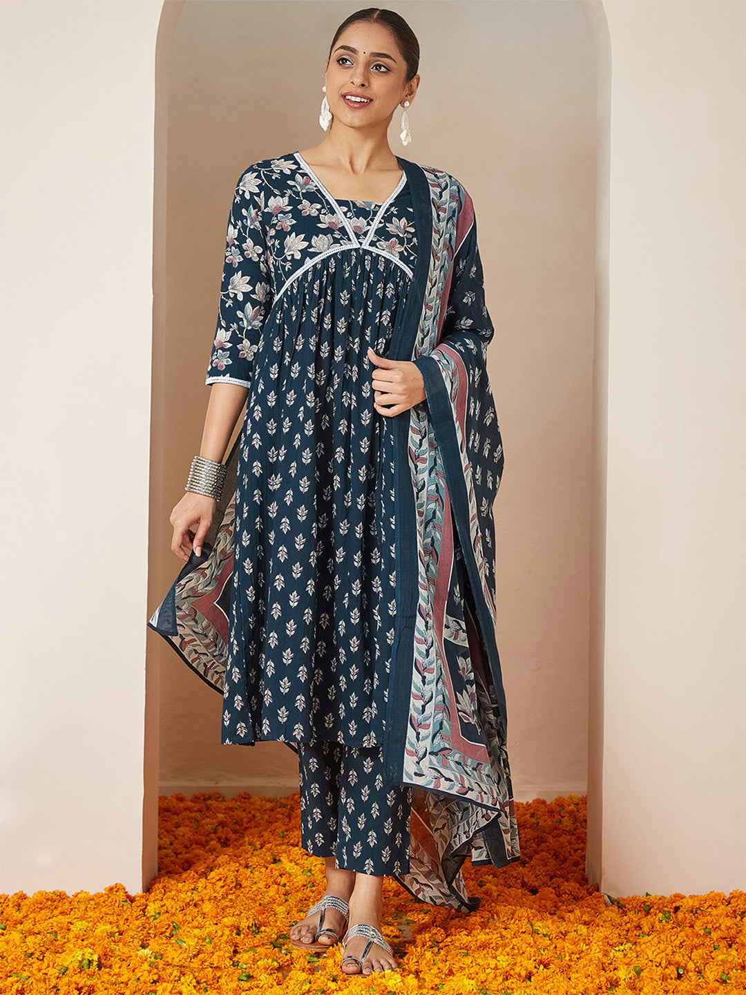 Ninnique Women's Teal Blue Pure Cotton Floral Printed A-line Kurta Set