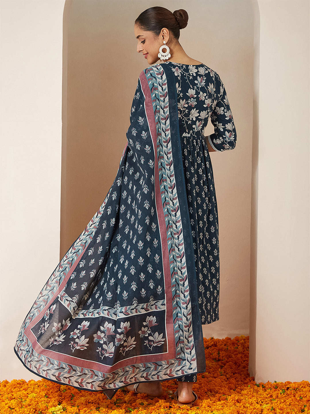 Ninnique Women's Teal Blue Pure Cotton Floral Printed A-line Kurta Set