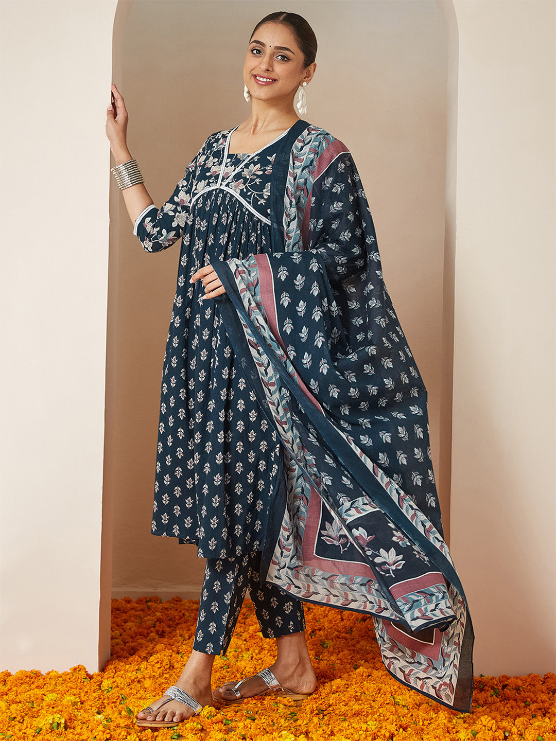 Ninnique Women's Teal Blue Pure Cotton Floral Printed A-line Kurta Set
