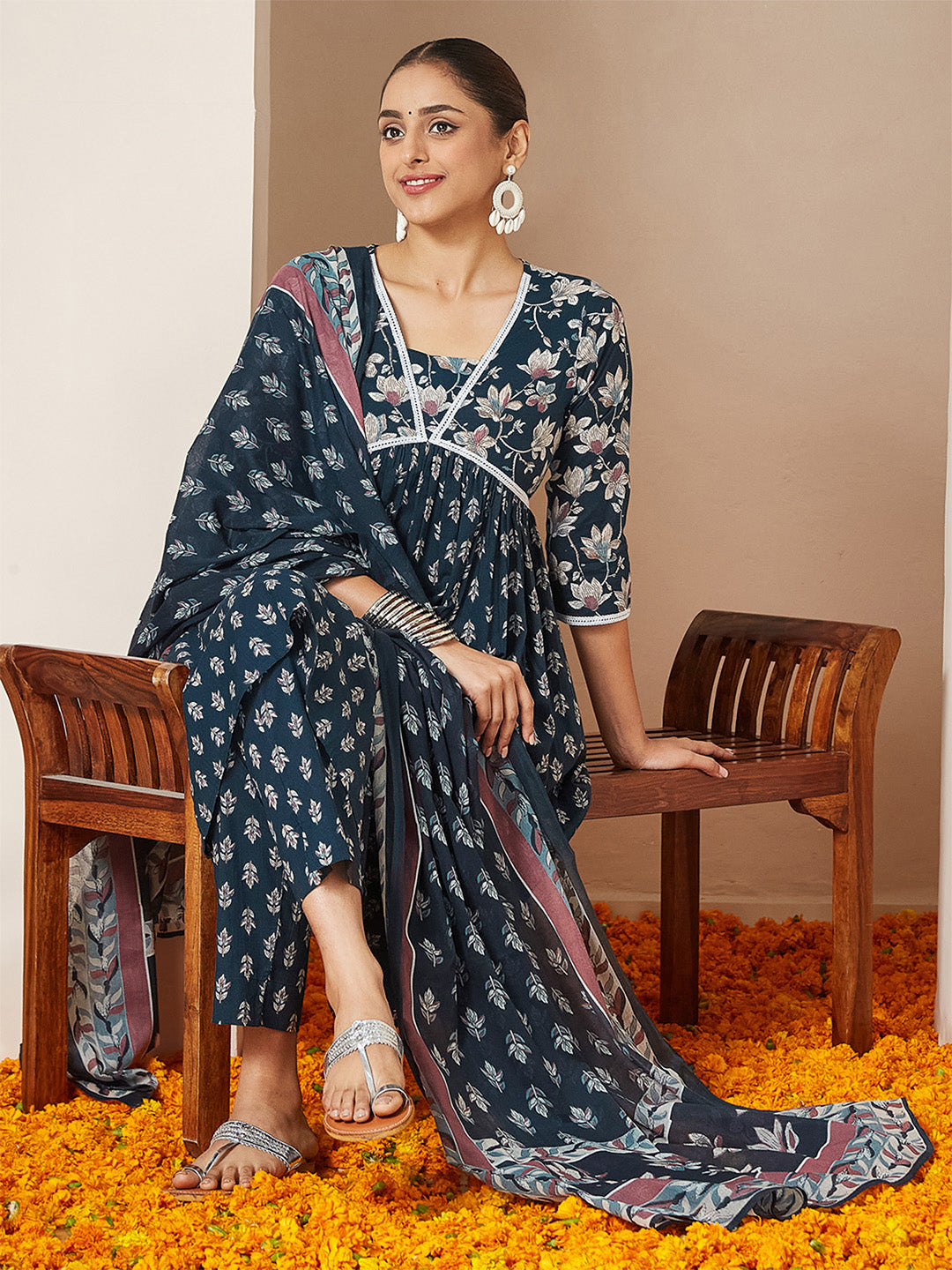 Ninnique Women's Teal Blue Pure Cotton Floral Printed A-line Kurta Set