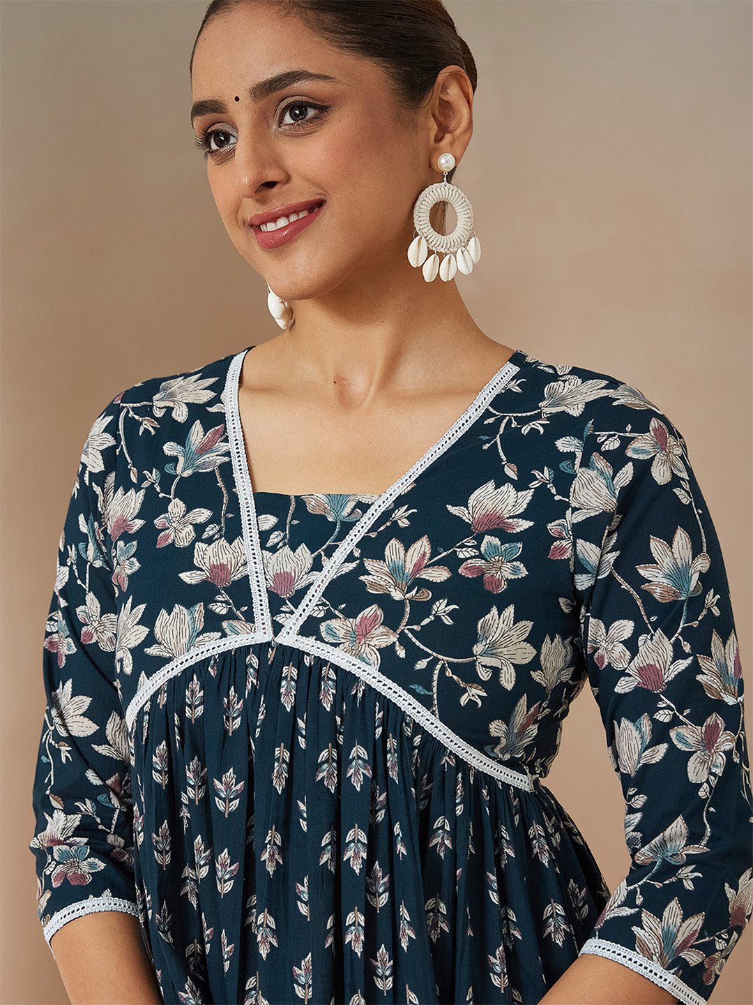 Ninnique Women's Teal Blue Pure Cotton Floral Printed A-line Kurta Set