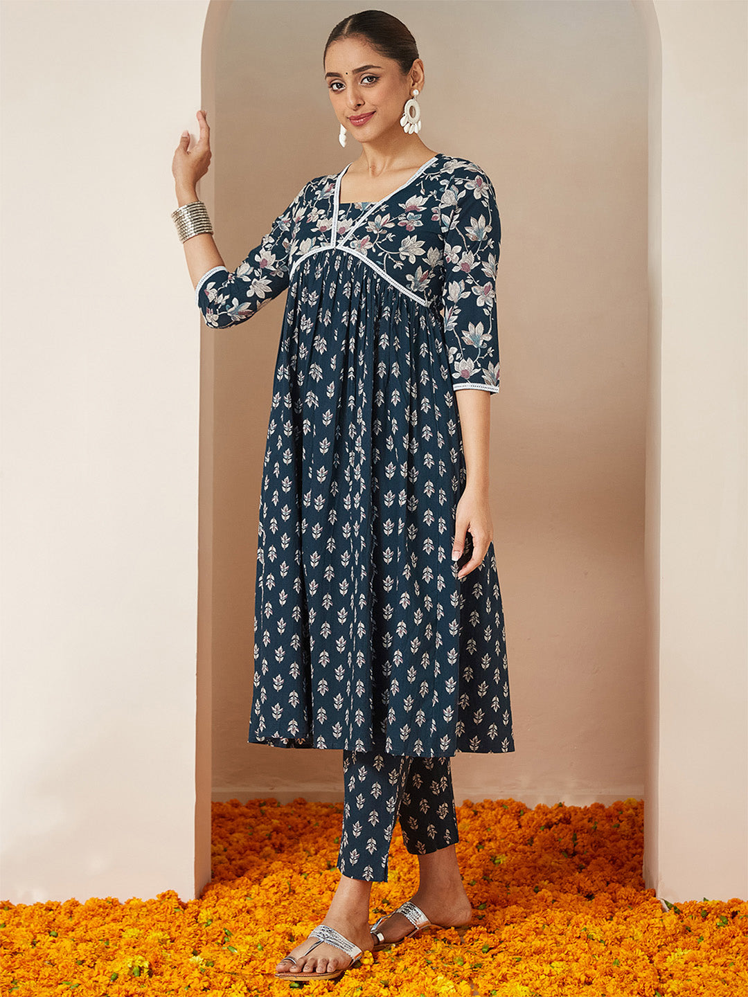Ninnique Women's Teal Blue Pure Cotton Floral Printed A-line Kurta Set