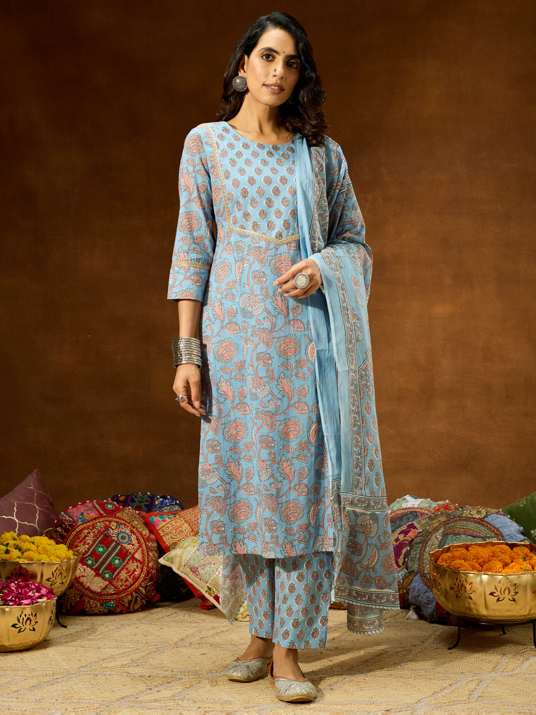 Ninnique Women's Light Blue Pure Cotton Floral Printed Straight Kurta Set
