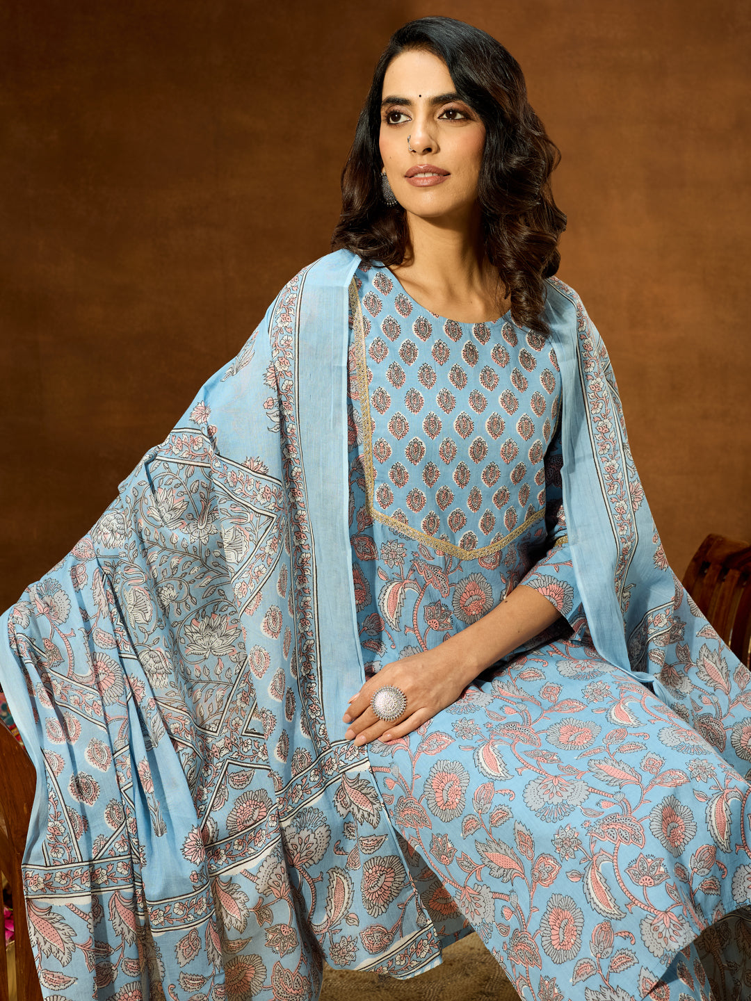 Ninnique Women's Light Blue Pure Cotton Floral Printed Straight Kurta Set