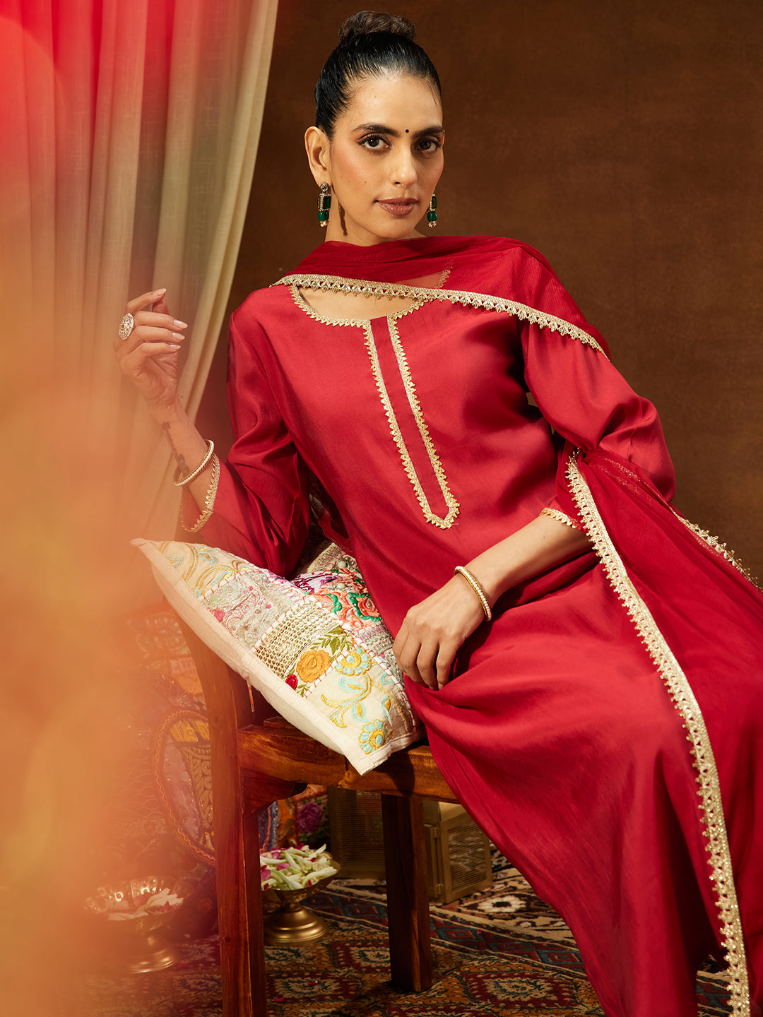 Ninnique Women's Maroon Chanderi Silk Yoke Design Straight Kurta Set