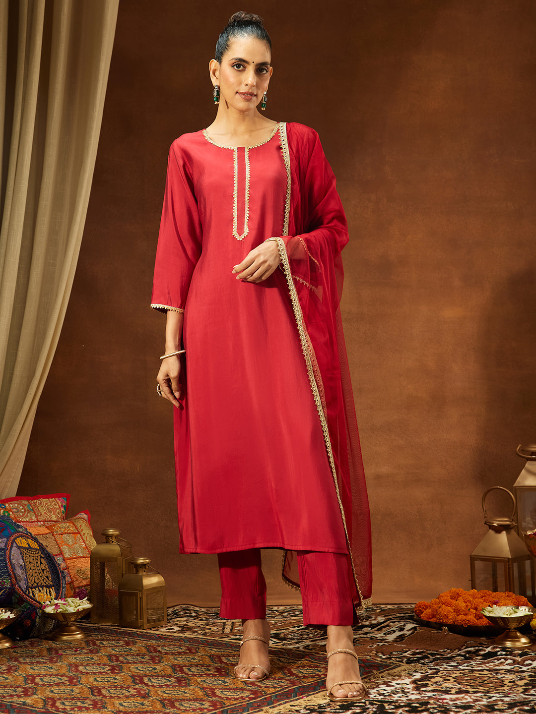 Ninnique Women's Maroon Chanderi Silk Yoke Design Straight Kurta Set