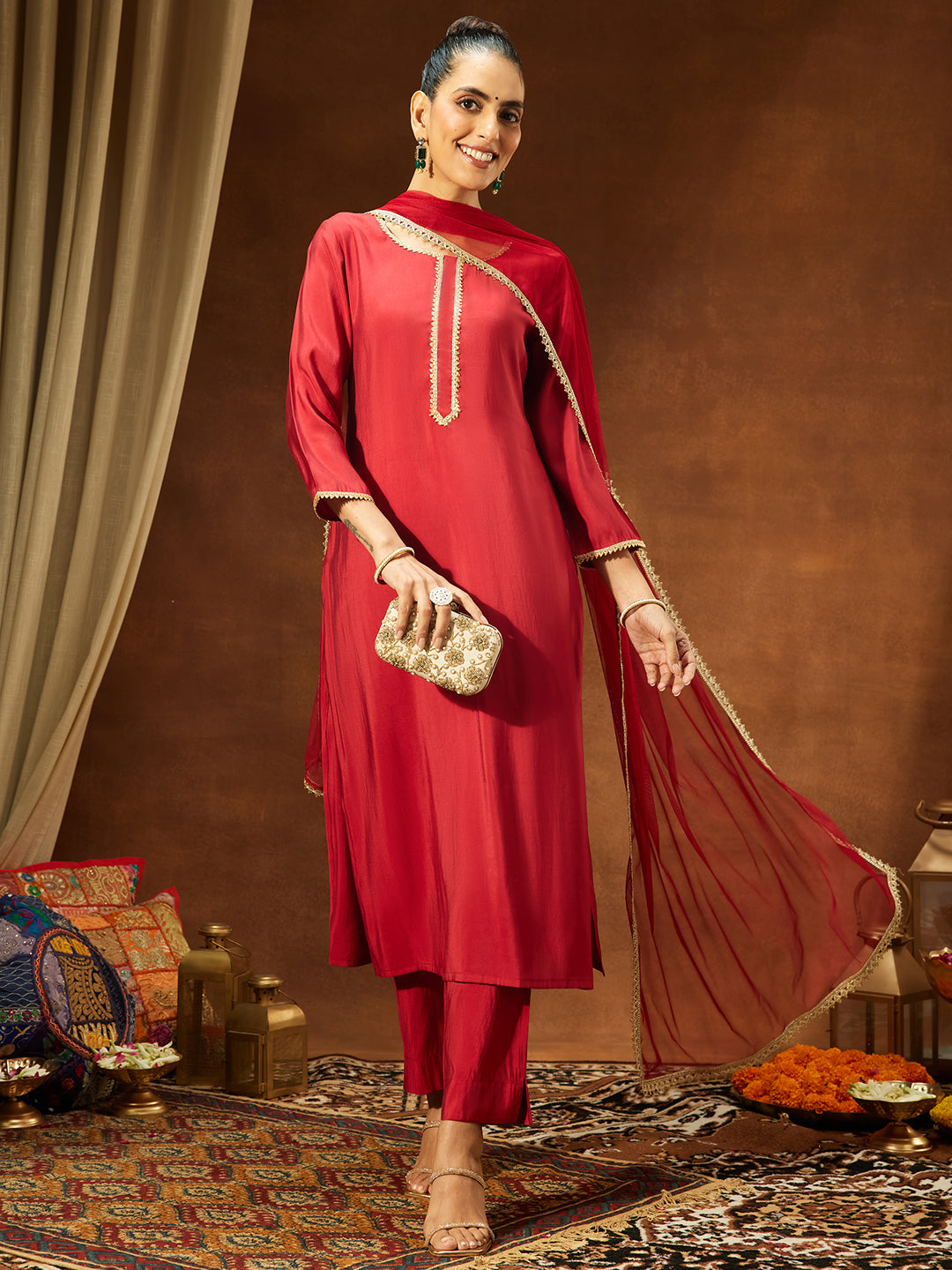 Ninnique Women's Maroon Chanderi Silk Yoke Design Straight Kurta Set
