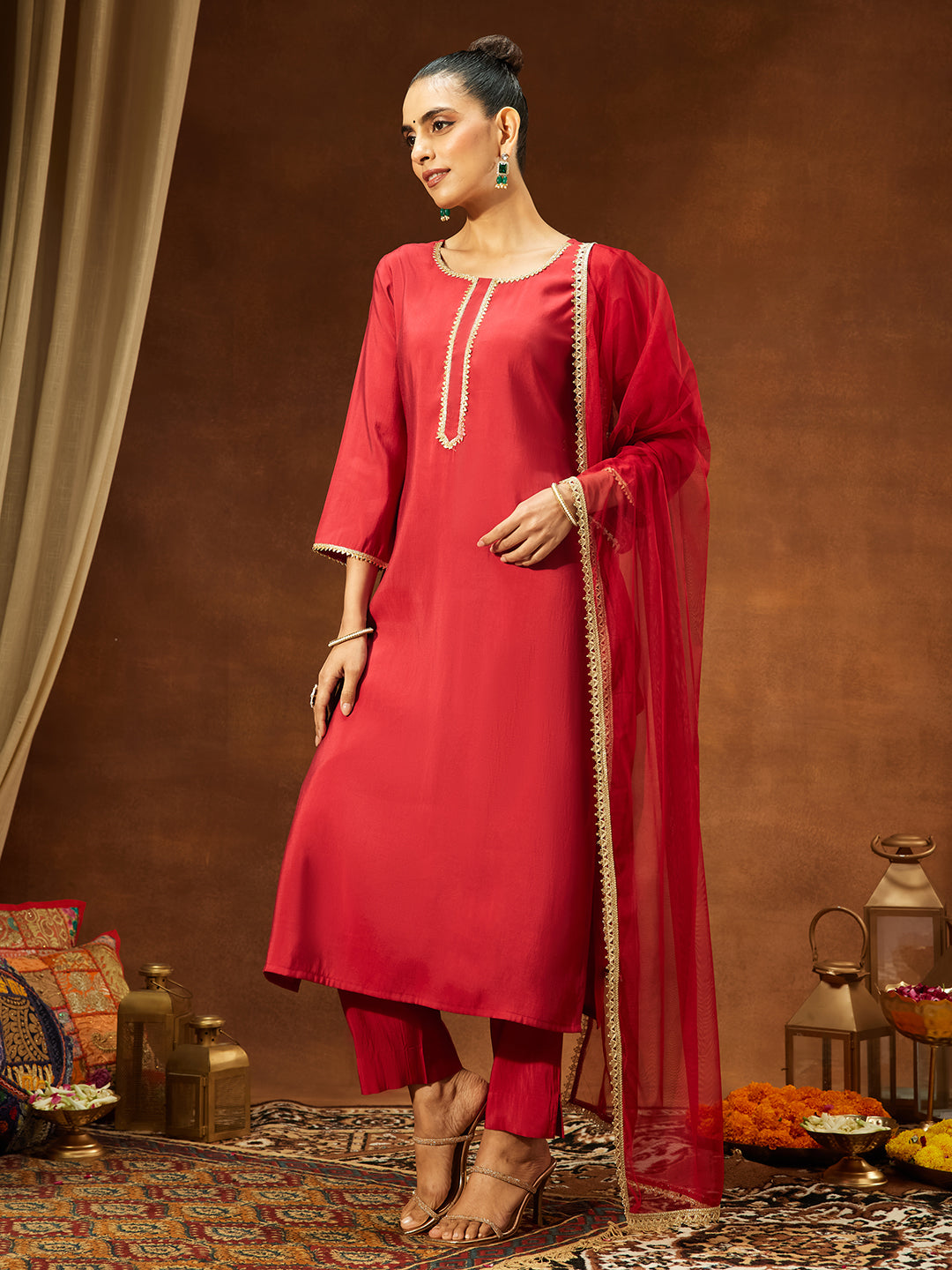 Ninnique Women's Maroon Chanderi Silk Yoke Design Straight Kurta Set