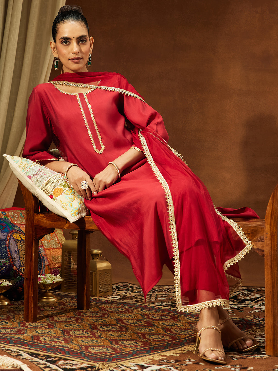 Ninnique Women's Maroon Chanderi Silk Yoke Design Straight Kurta Set