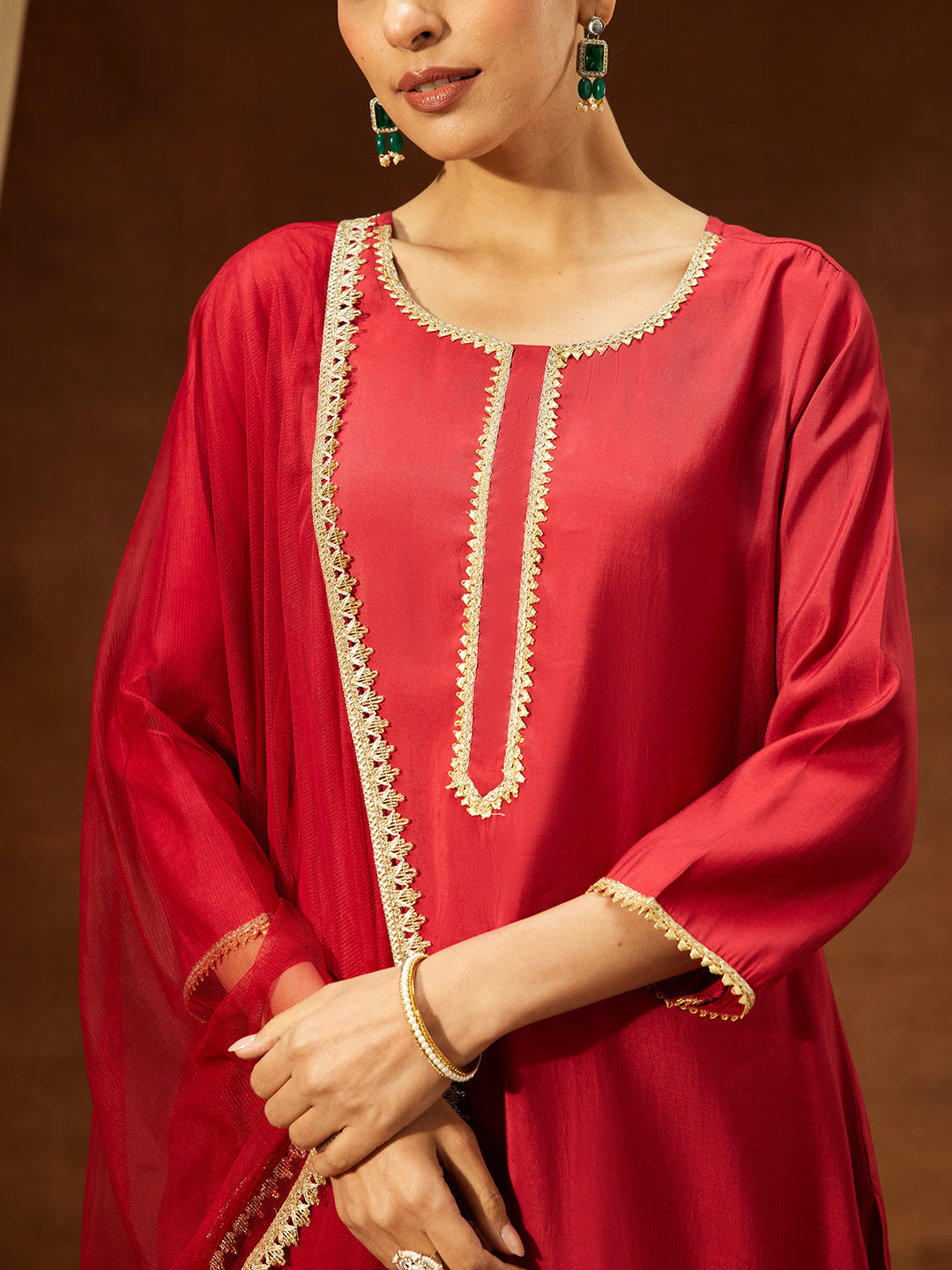 Ninnique Women's Maroon Chanderi Silk Yoke Design Straight Kurta Set