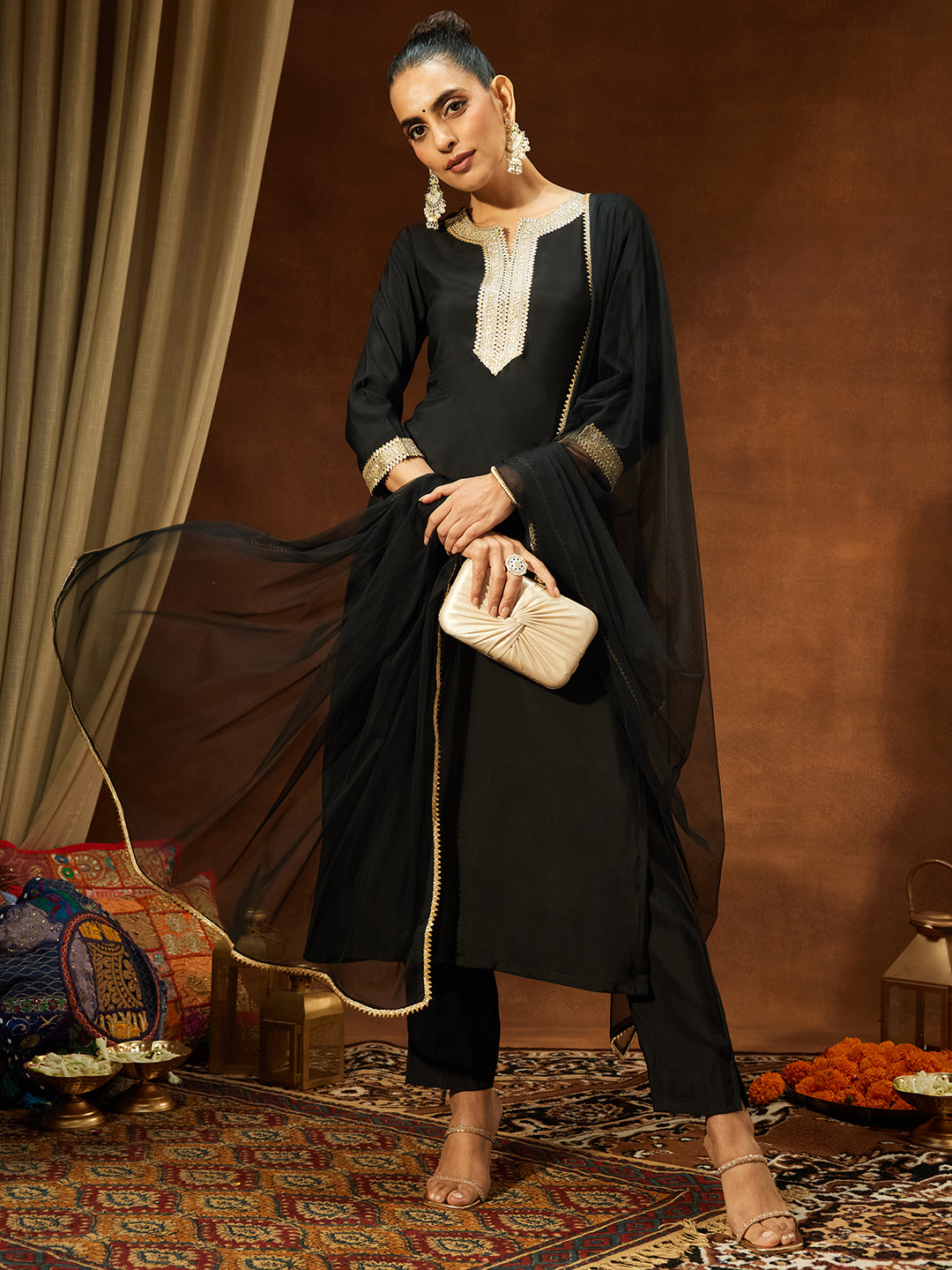 Ninnique Women's Black Chanderi Silk Yoke Design Straight Kurta Set