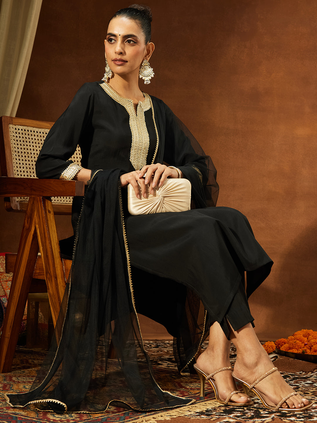 Ninnique Women's Black Chanderi Silk Yoke Design Straight Kurta Set