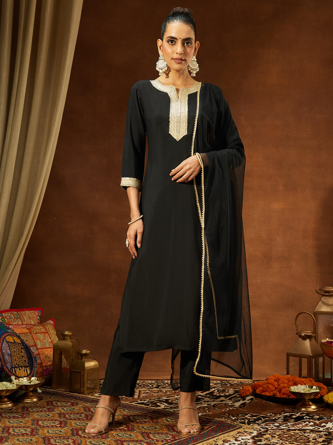 Ninnique Women's Black Chanderi Silk Yoke Design Straight Kurta Set