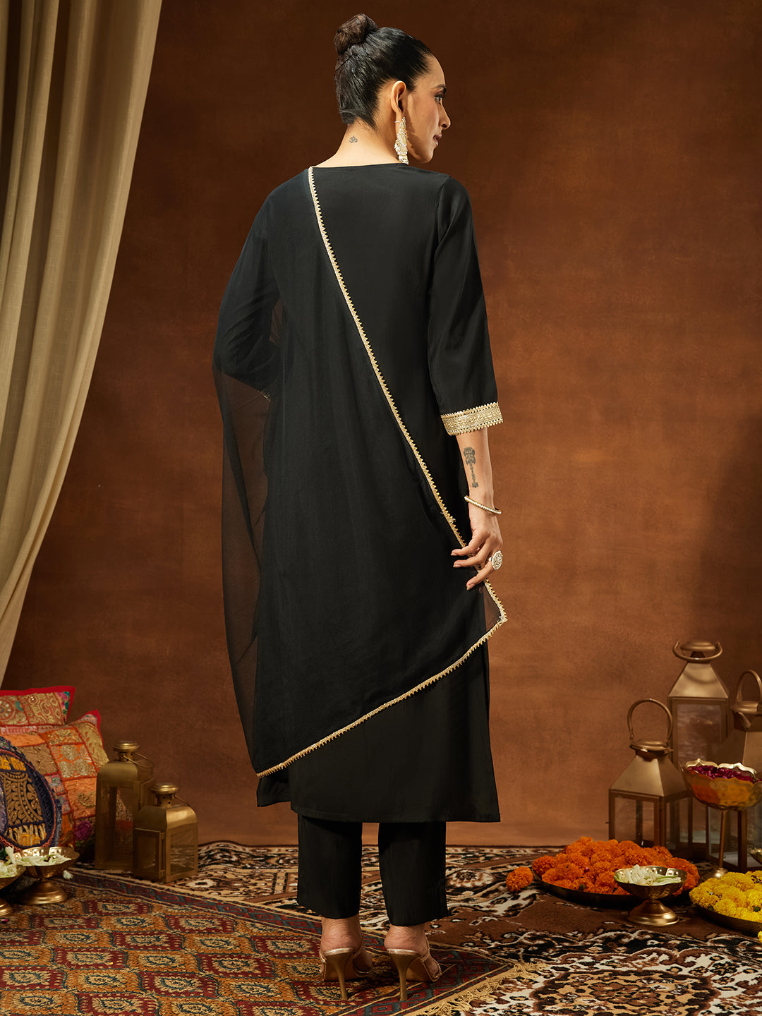 Ninnique Women's Black Chanderi Silk Yoke Design Straight Kurta Set