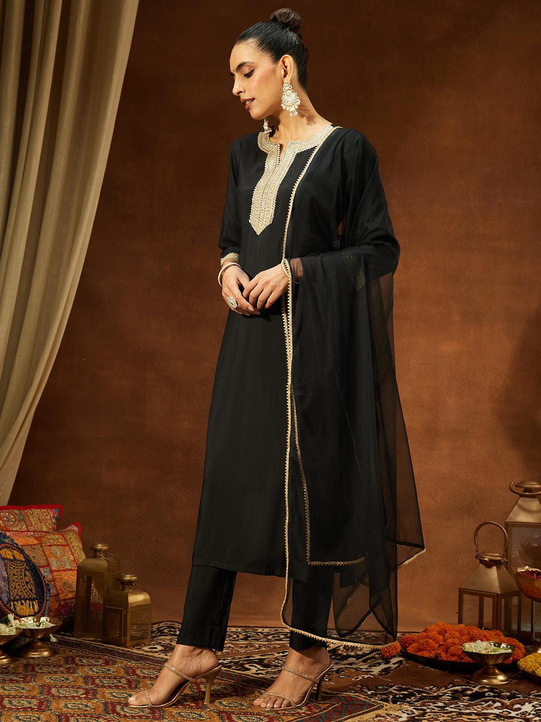 Ninnique Women's Black Chanderi Silk Yoke Design Straight Kurta Set