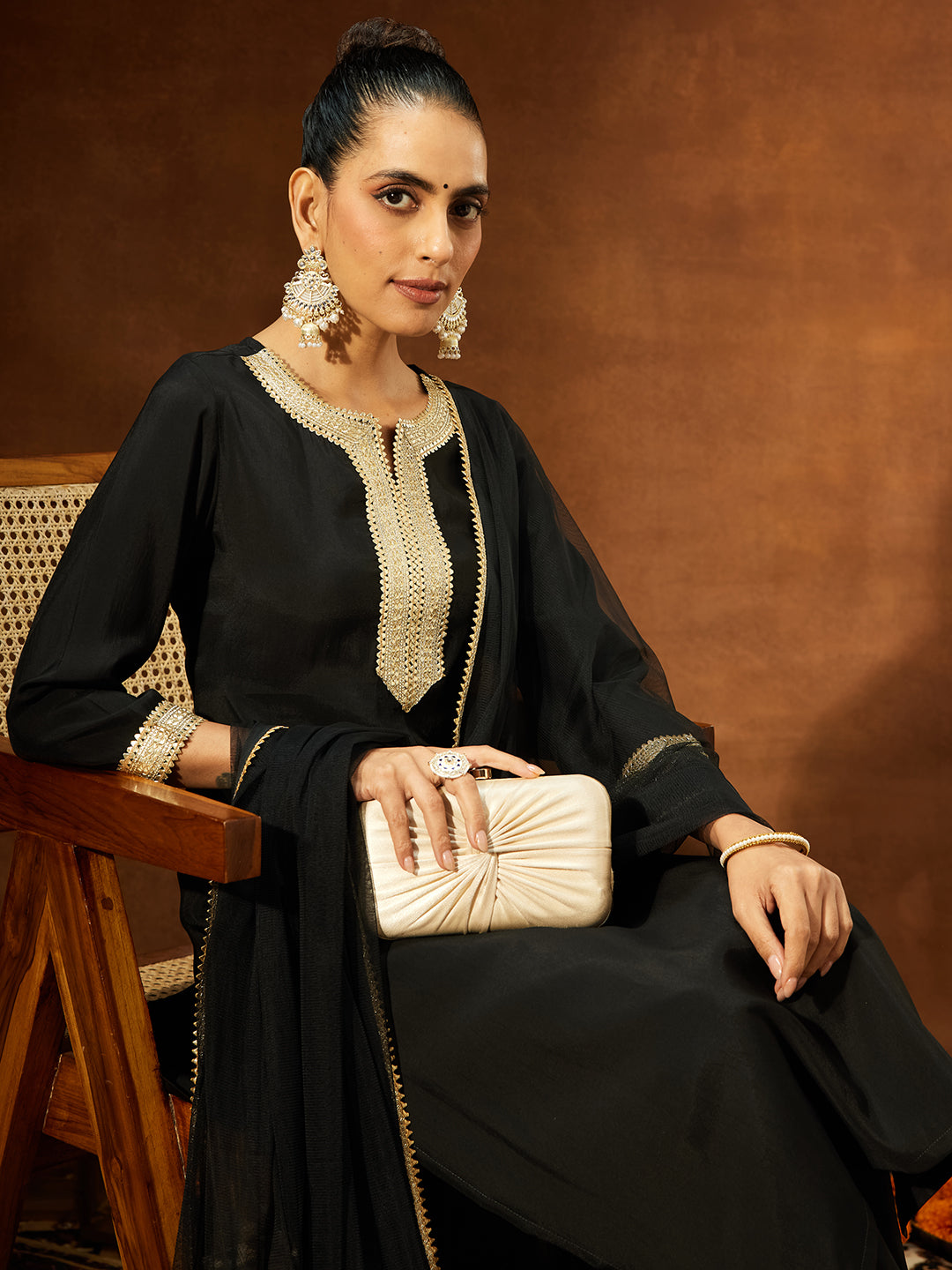 Ninnique Women's Black Chanderi Silk Yoke Design Straight Kurta Set