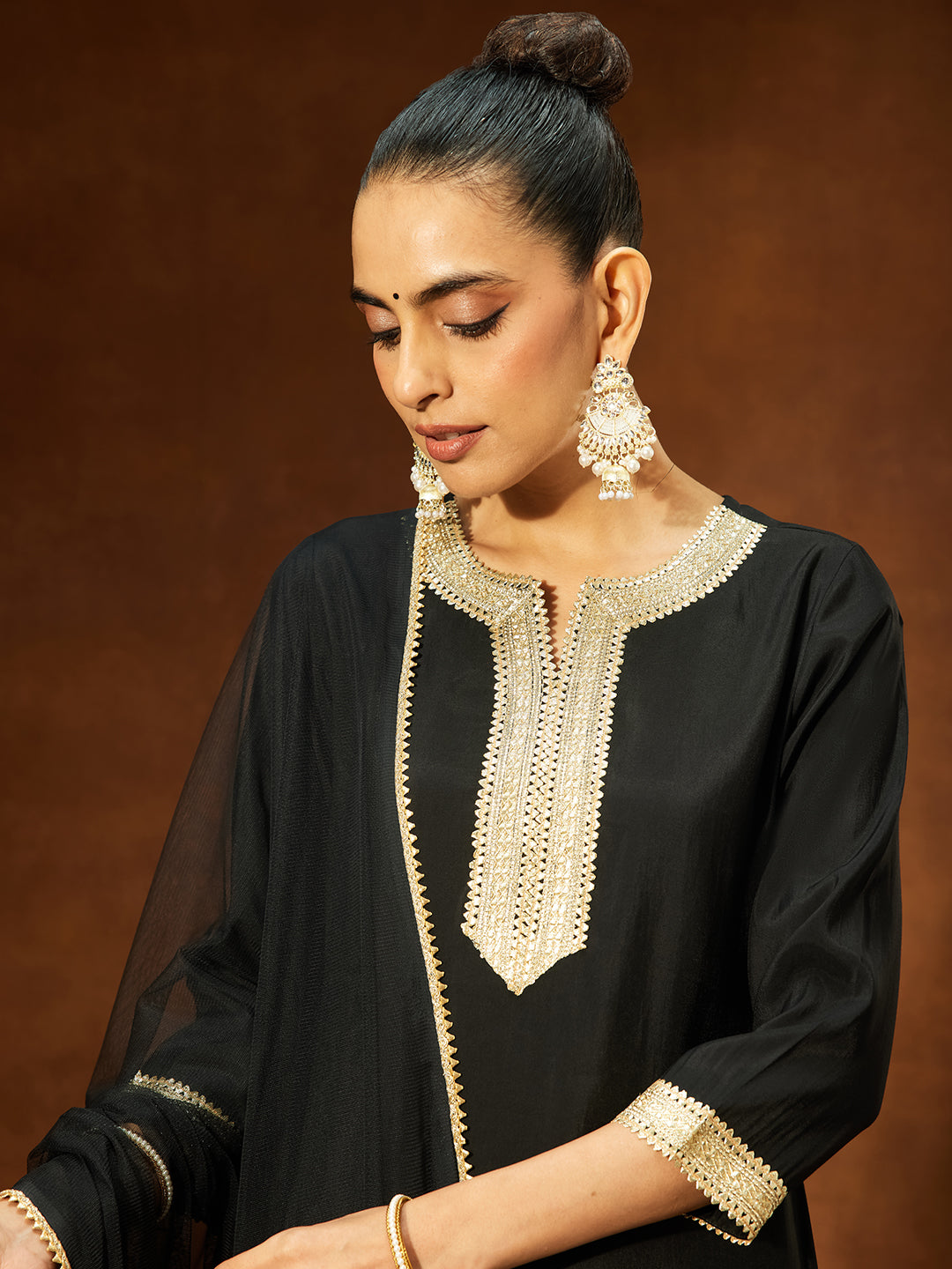 Ninnique Women's Black Chanderi Silk Yoke Design Straight Kurta Set