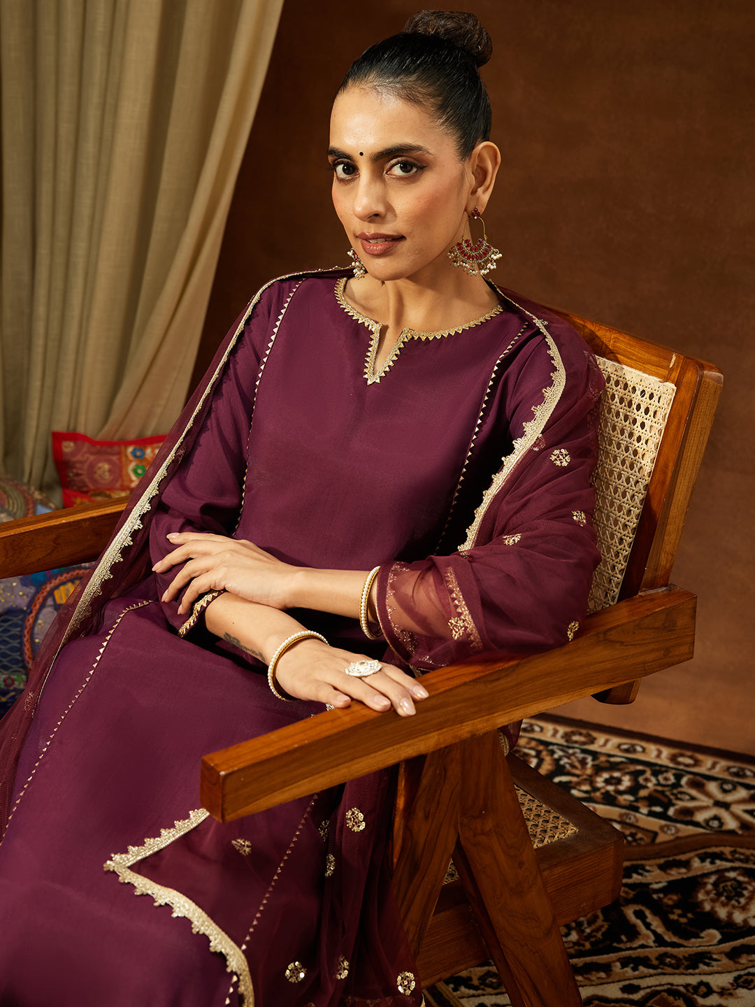Ninnique Women's Wine Chanderi Silk Embellished Straight Kurta Set