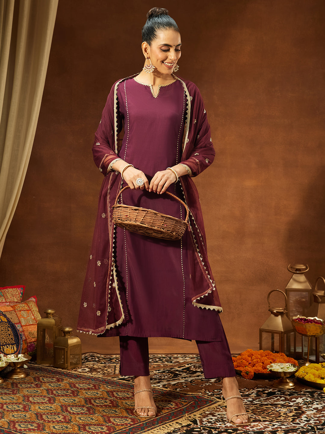 Ninnique Women's Wine Chanderi Silk Embellished Straight Kurta Set