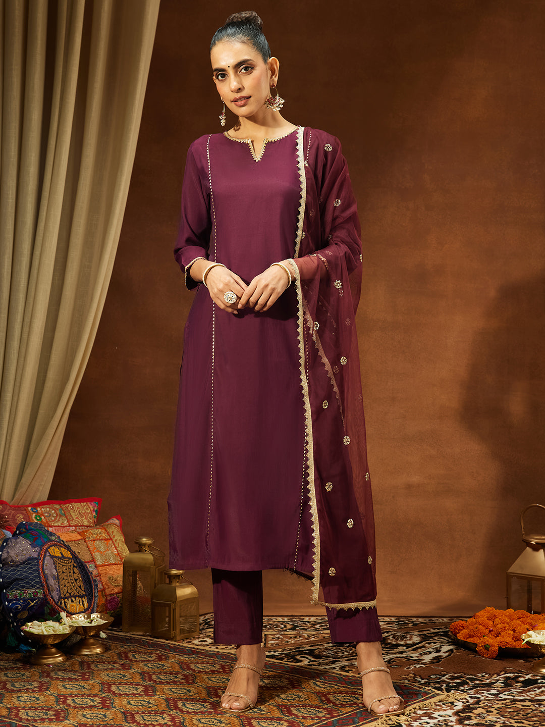 Ninnique Women's Wine Chanderi Silk Embellished Straight Kurta Set