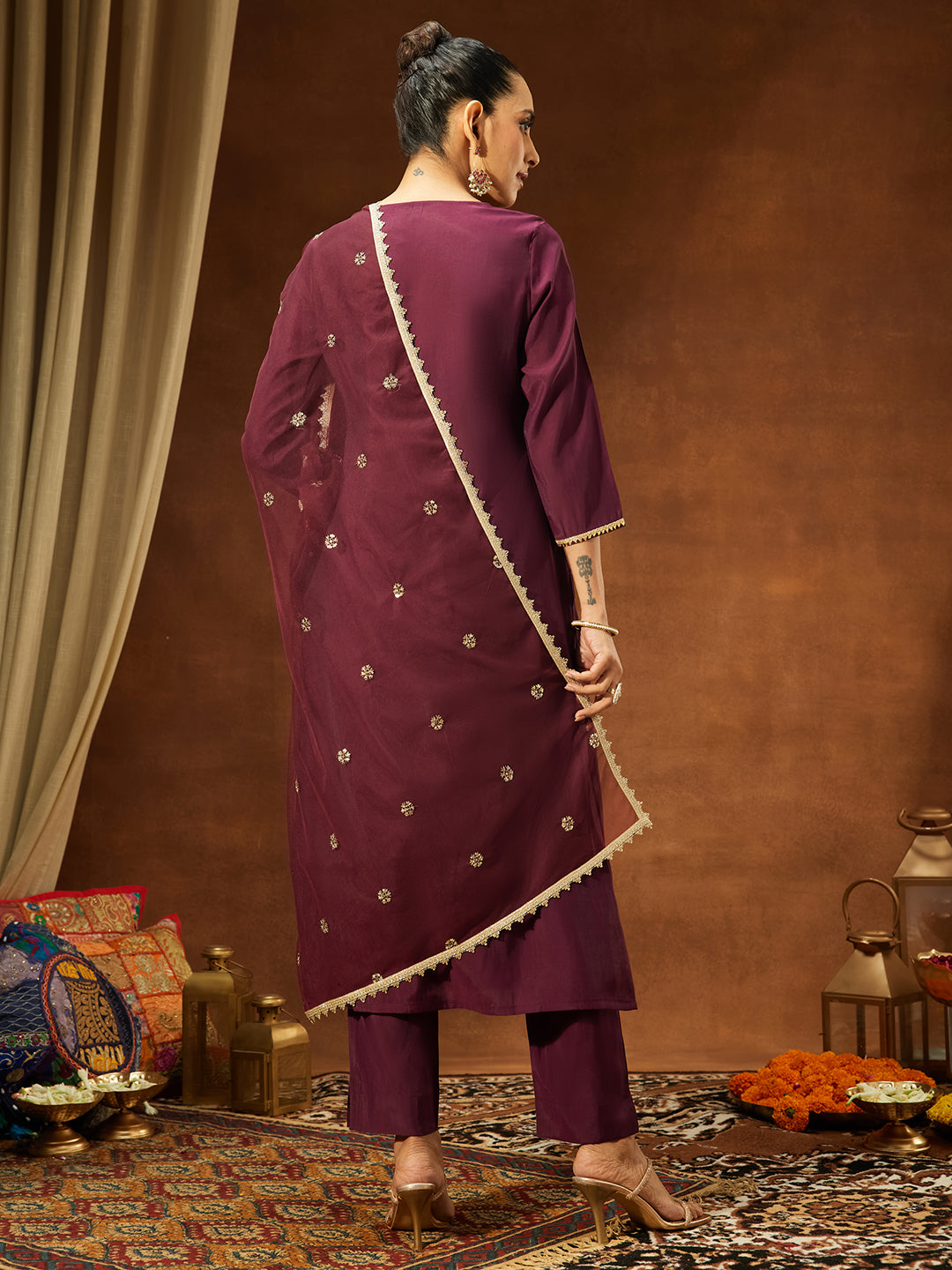 Ninnique Women's Wine Chanderi Silk Embellished Straight Kurta Set