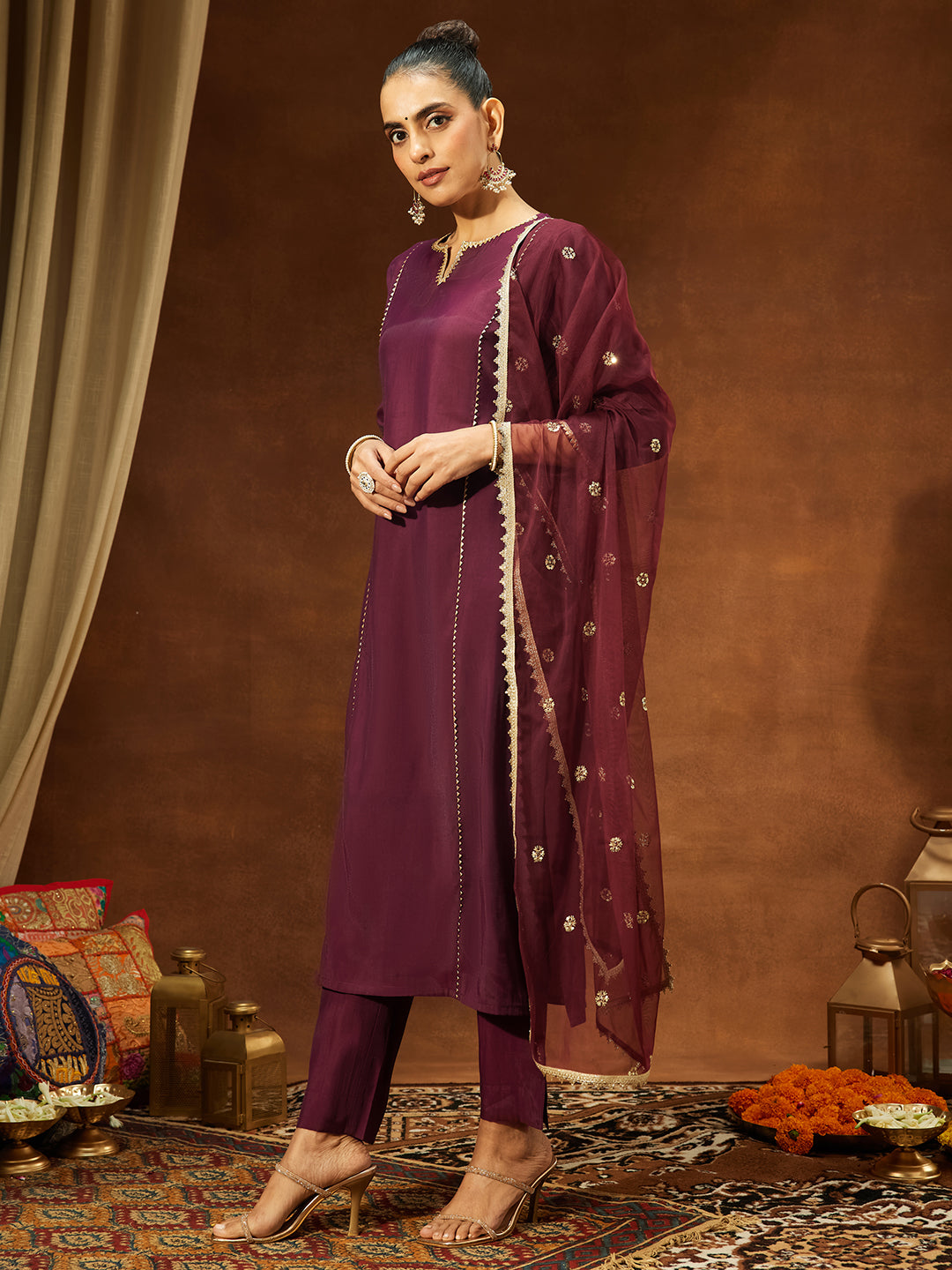 Ninnique Women's Wine Chanderi Silk Embellished Straight Kurta Set