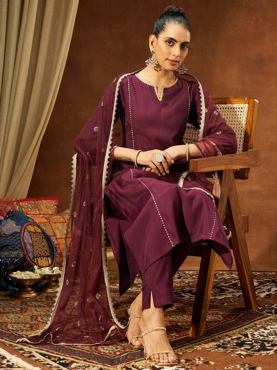 Ninnique Women's Wine Chanderi Silk Embellished Straight Kurta Set