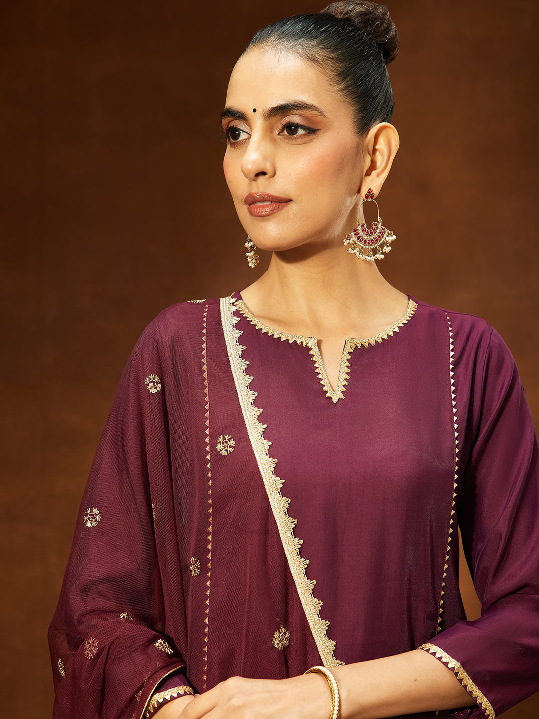 Ninnique Women's Wine Chanderi Silk Embellished Straight Kurta Set
