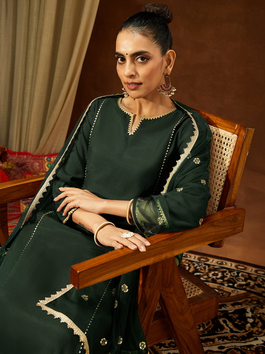 Ninnique Women's Bottle Green Chanderi Silk Embellished Straight Kurta Set
