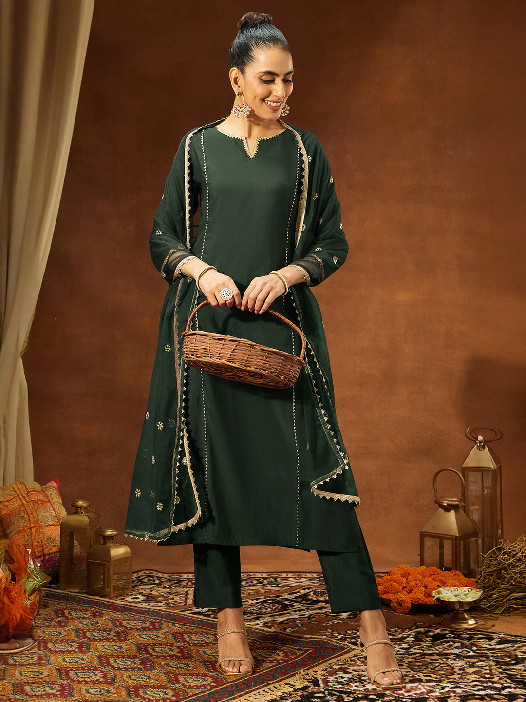 Ninnique Women's Bottle Green Chanderi Silk Embellished Straight Kurta Set