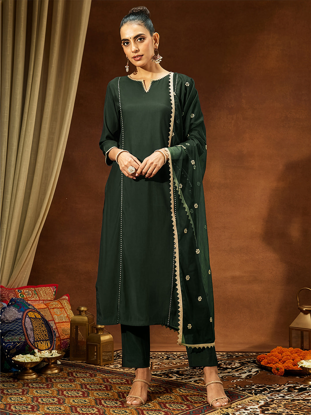 Ninnique Women's Bottle Green Chanderi Silk Embellished Straight Kurta Set