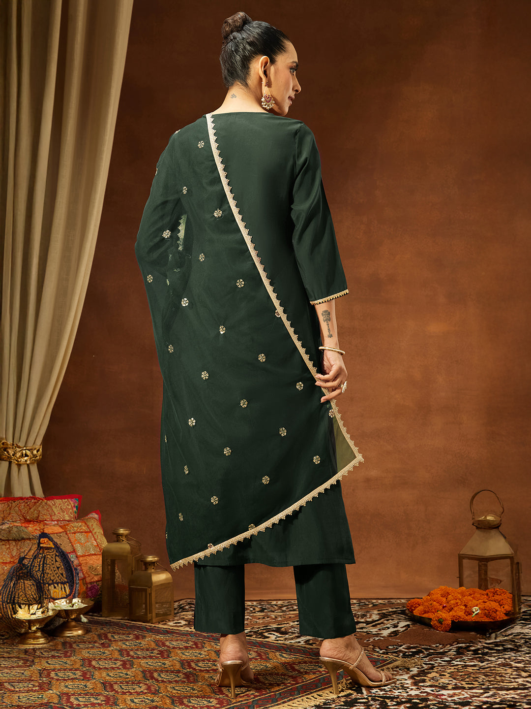 Ninnique Women's Bottle Green Chanderi Silk Embellished Straight Kurta Set
