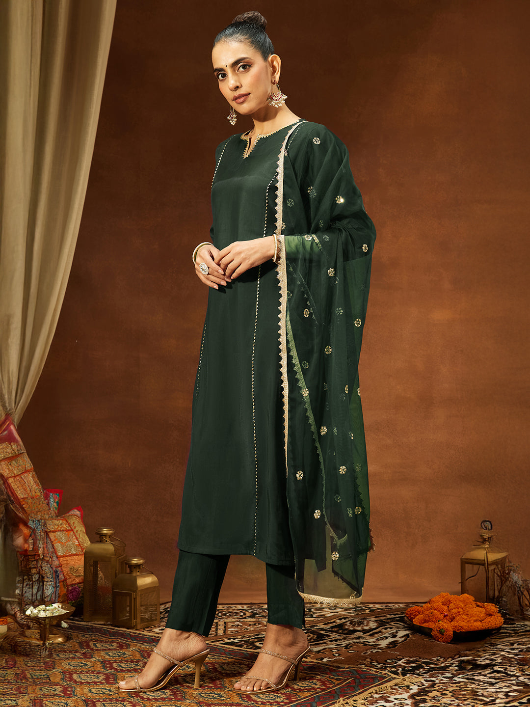 Ninnique Women's Bottle Green Chanderi Silk Embellished Straight Kurta Set