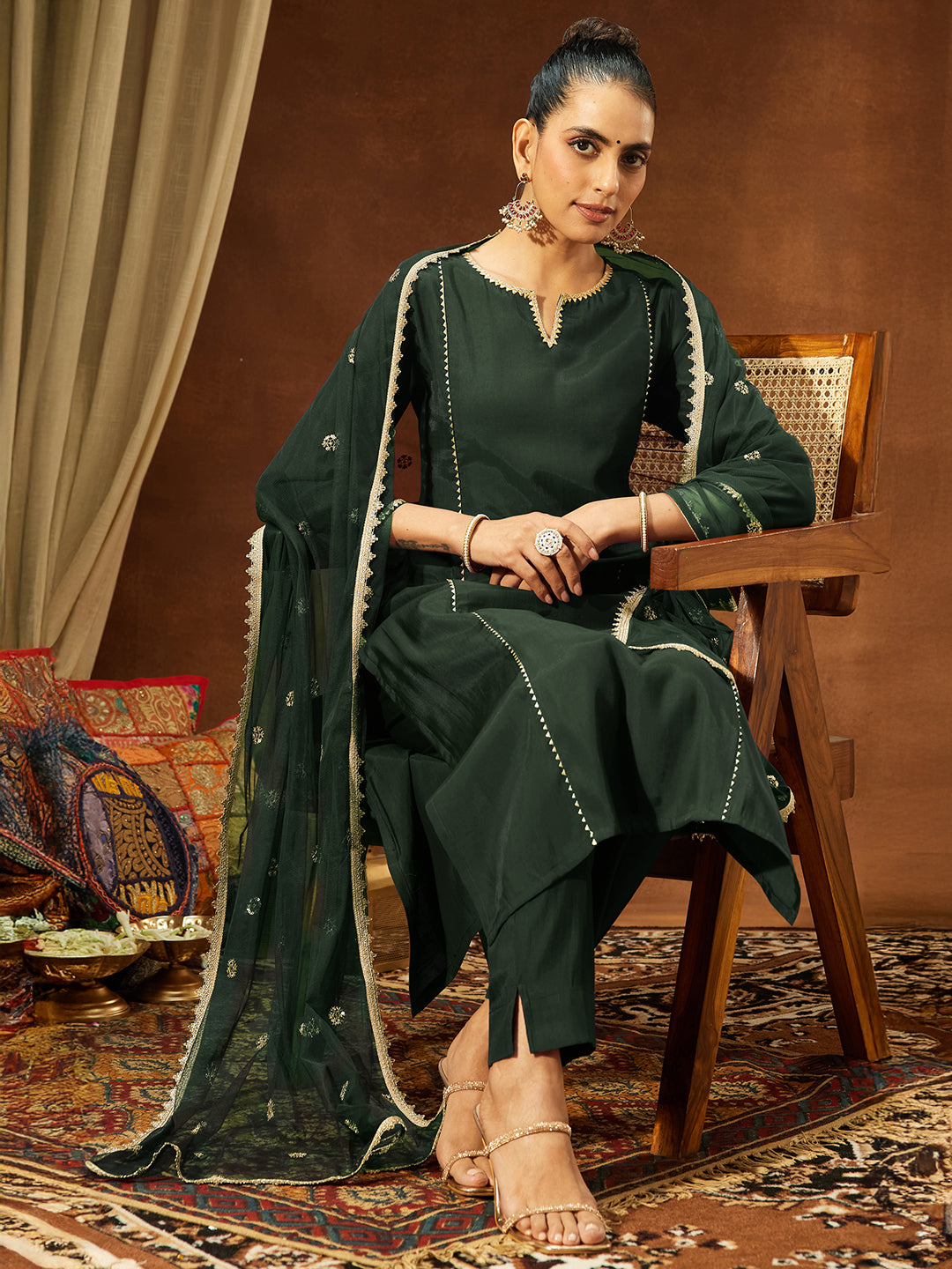 Ninnique Women's Bottle Green Chanderi Silk Embellished Straight Kurta Set