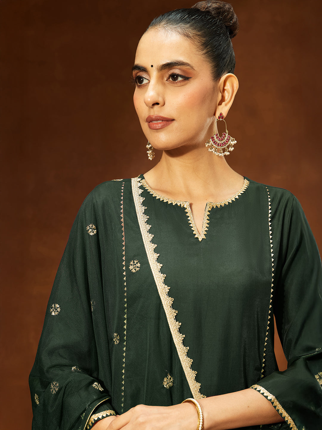 Ninnique Women's Bottle Green Chanderi Silk Embellished Straight Kurta Set