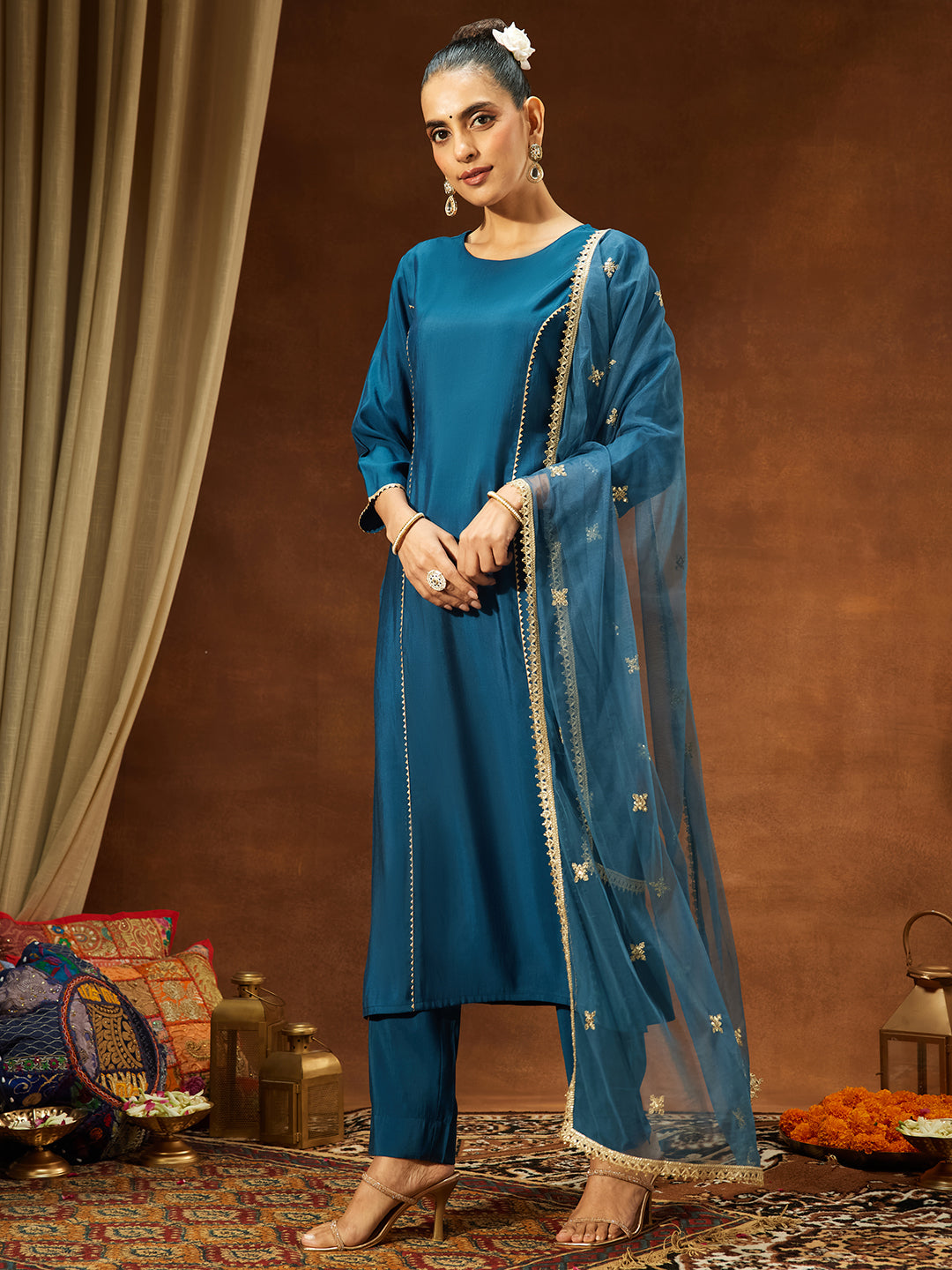 Ninnique Women's Teal Blue Chanderi Silk Embelished Straight Kurta Set