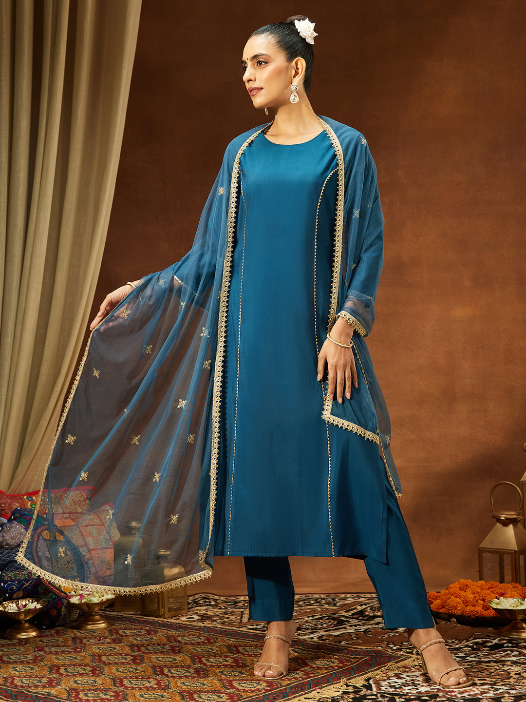 Ninnique Women's Teal Blue Chanderi Silk Embelished Straight Kurta Set