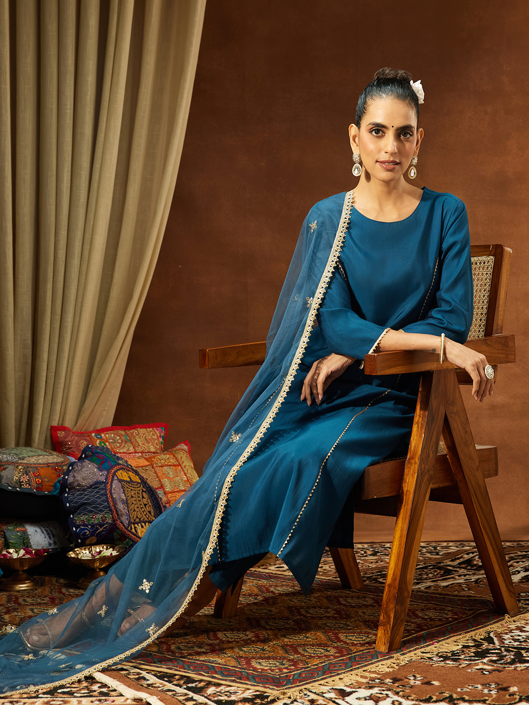 Ninnique Women's Teal Blue Chanderi Silk Embelished Straight Kurta Set