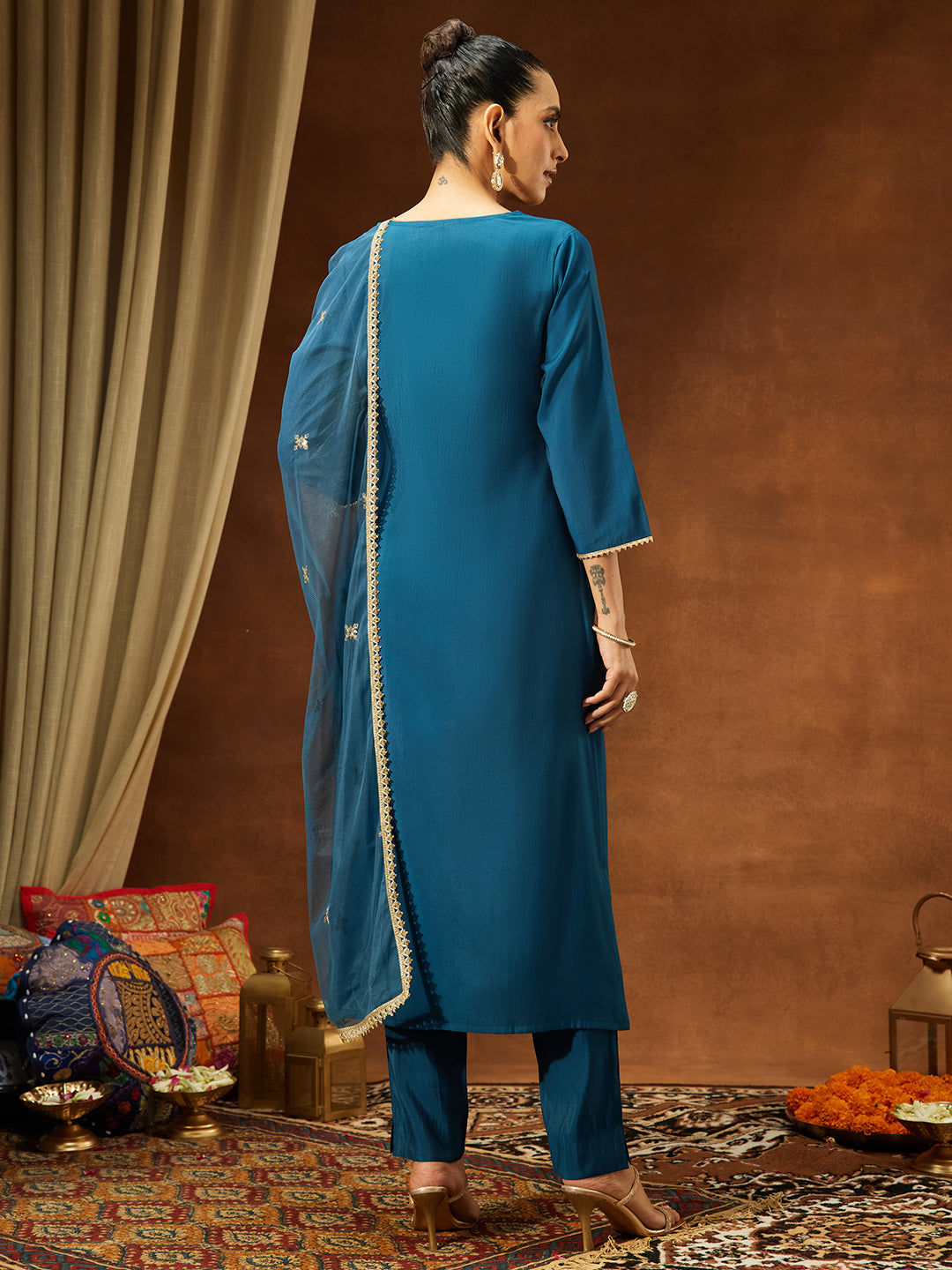 Ninnique Women's Teal Blue Chanderi Silk Embelished Straight Kurta Set