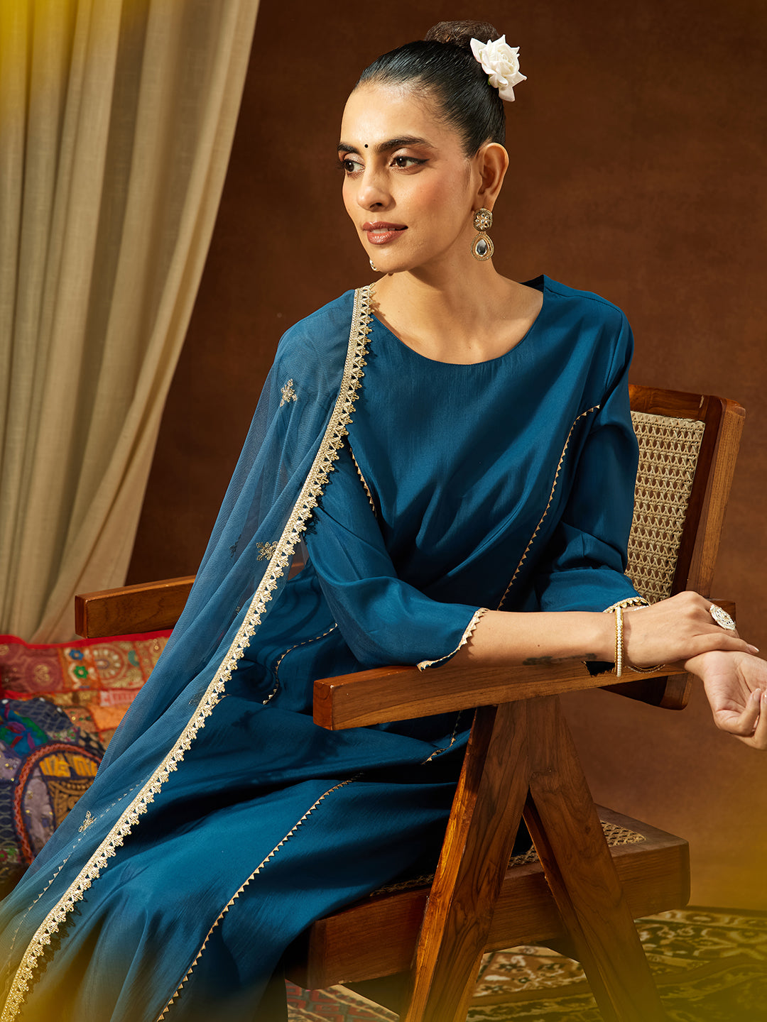 Ninnique Women's Teal Blue Chanderi Silk Embelished Straight Kurta Set