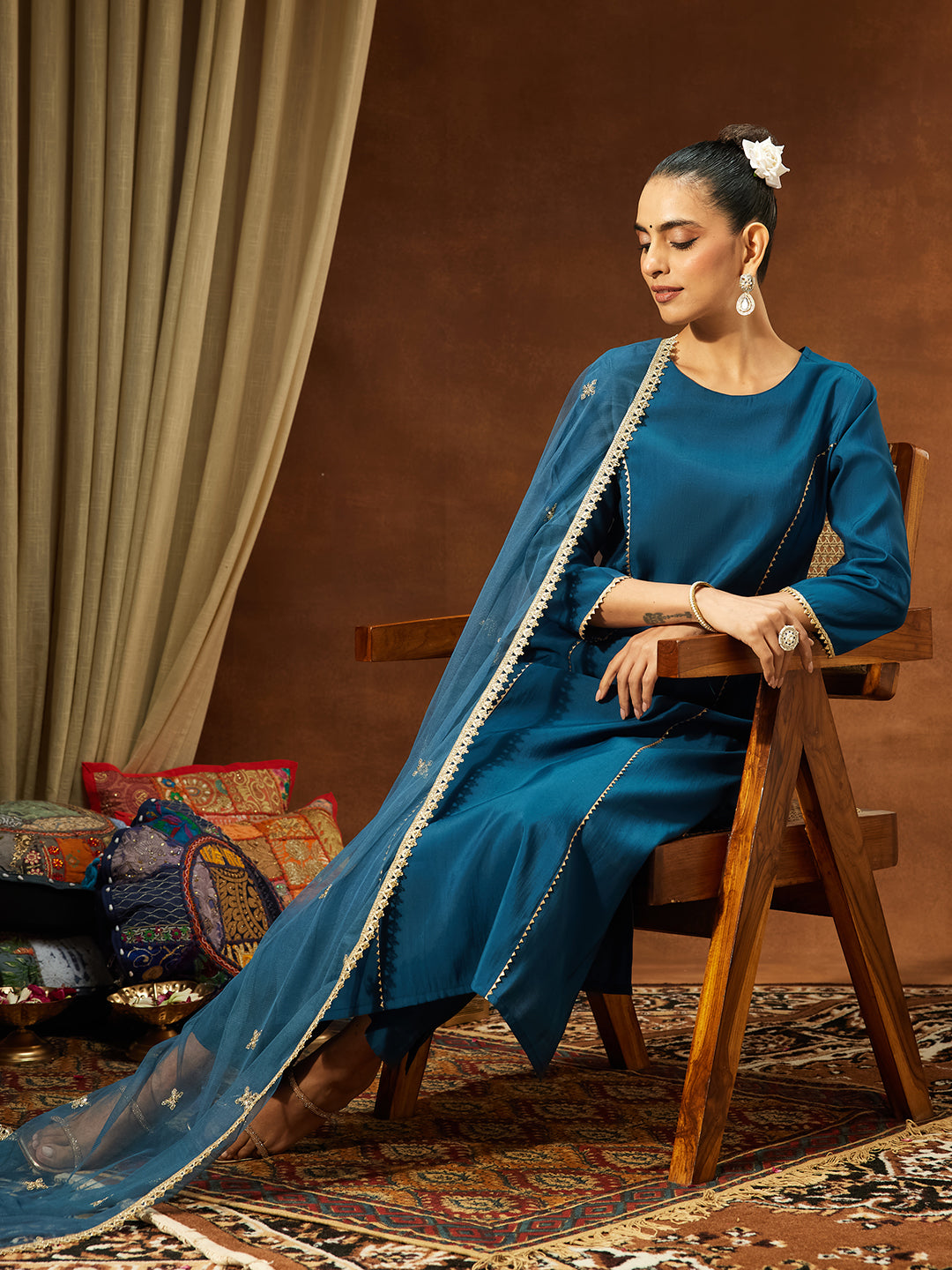 Ninnique Women's Teal Blue Chanderi Silk Embelished Straight Kurta Set