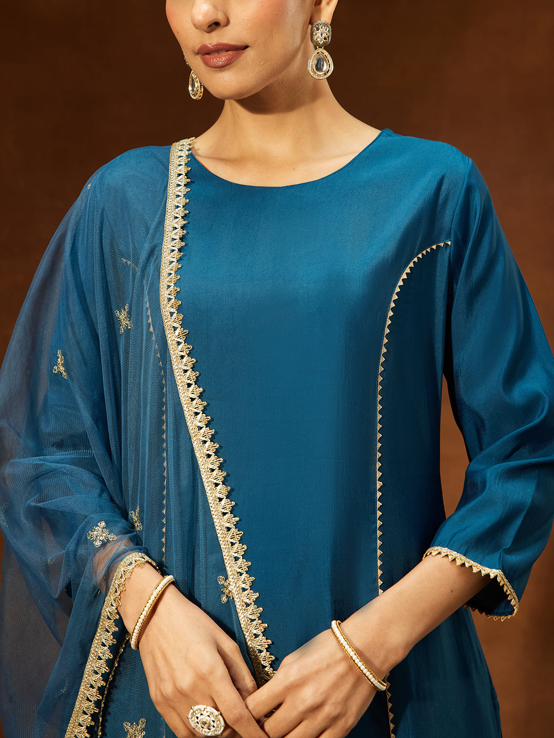 Ninnique Women's Teal Blue Chanderi Silk Embelished Straight Kurta Set