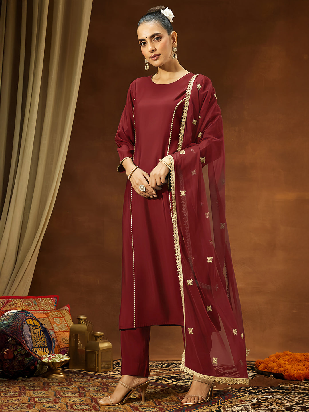 Ninnique Women's Maroon Chanderi Silk Embellished Straight Kurta Set