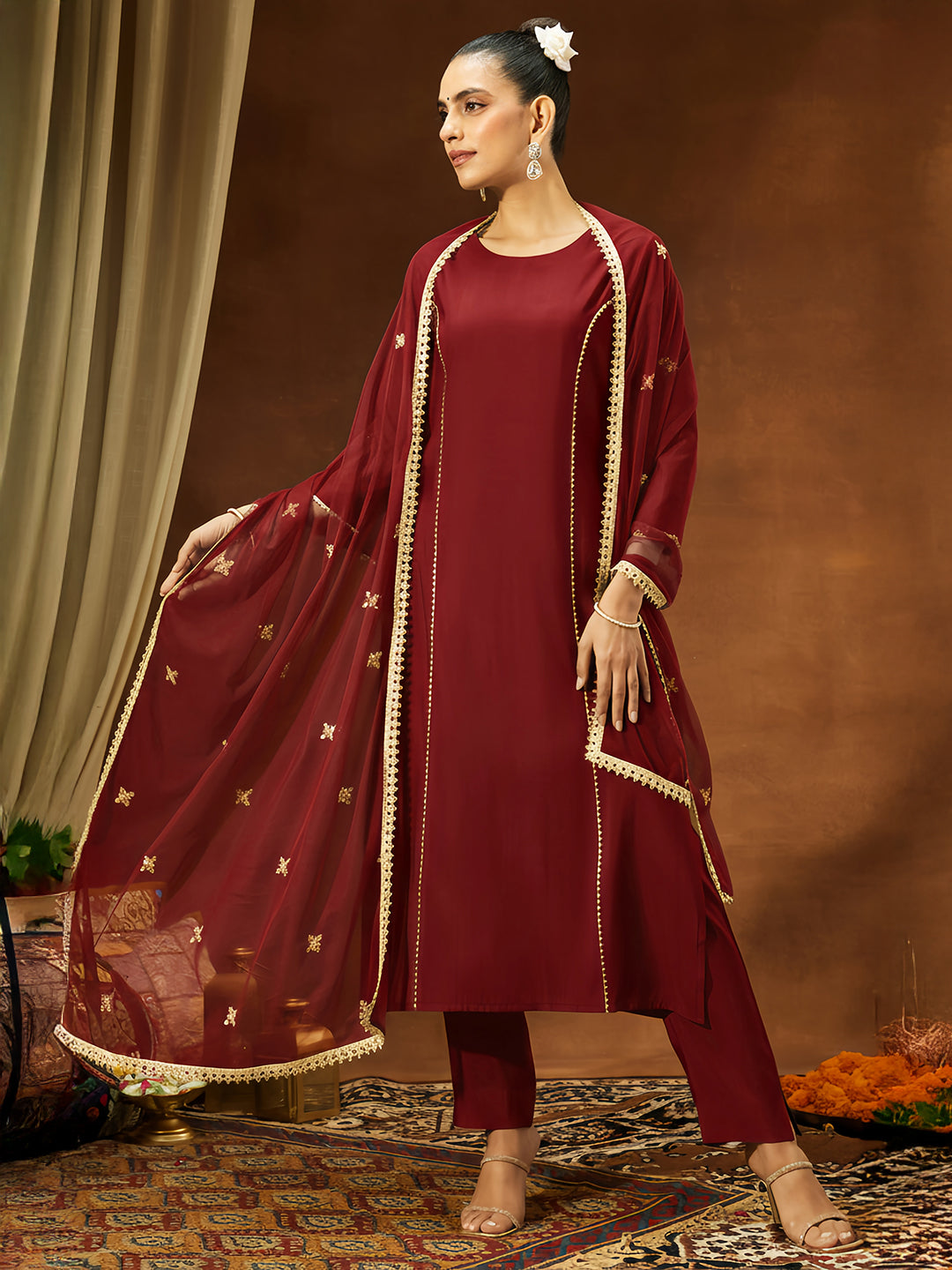 Ninnique Women's Maroon Chanderi Silk Embellished Straight Kurta Set