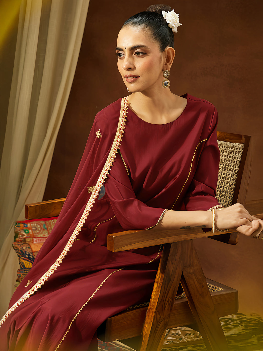 Ninnique Women's Maroon Chanderi Silk Embellished Straight Kurta Set