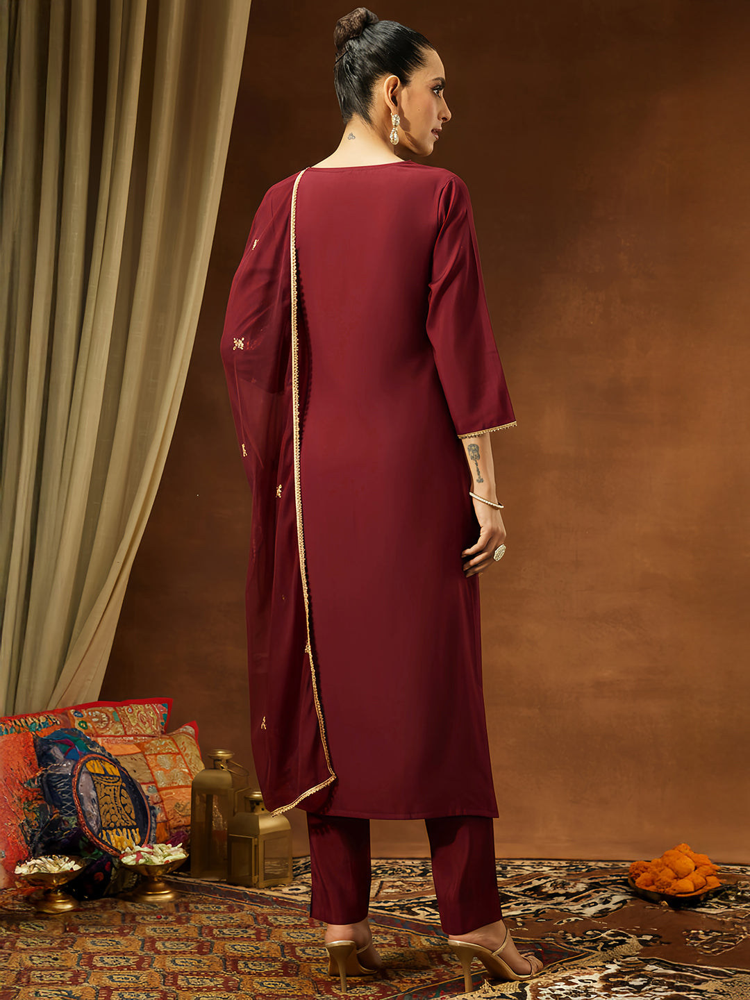 Ninnique Women's Maroon Chanderi Silk Embellished Straight Kurta Set