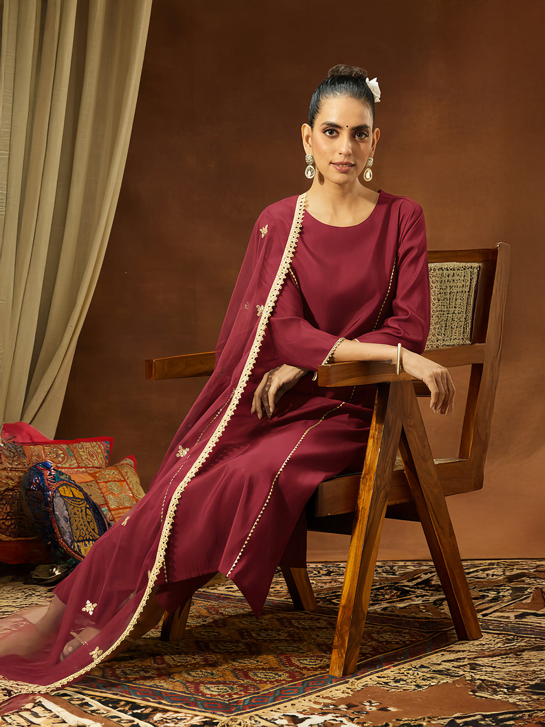 Ninnique Women's Maroon Chanderi Silk Embellished Straight Kurta Set
