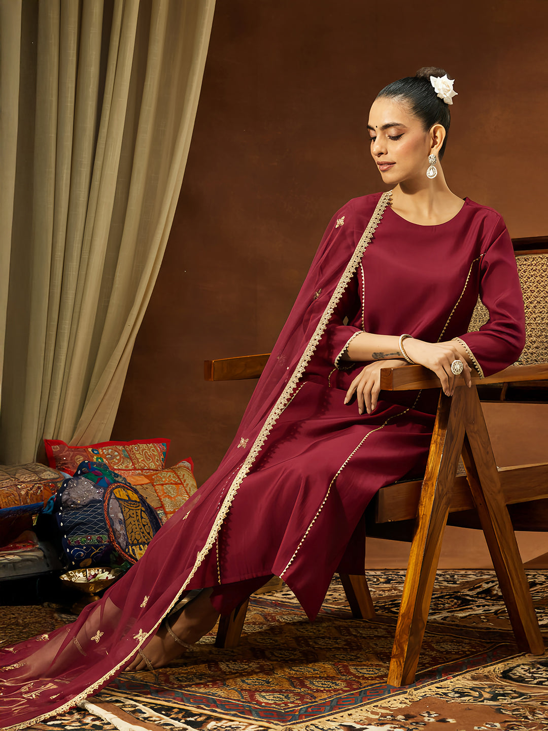 Ninnique Women's Maroon Chanderi Silk Embellished Straight Kurta Set