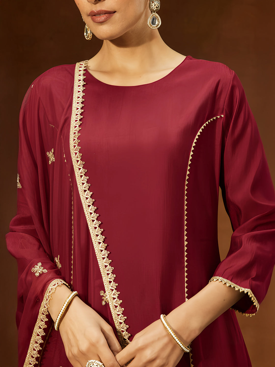Ninnique Women's Maroon Chanderi Silk Embellished Straight Kurta Set